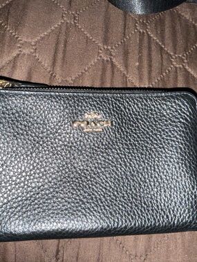 Coach Black Pebbled Leather Zip-Around Wallet with Gold Logo
